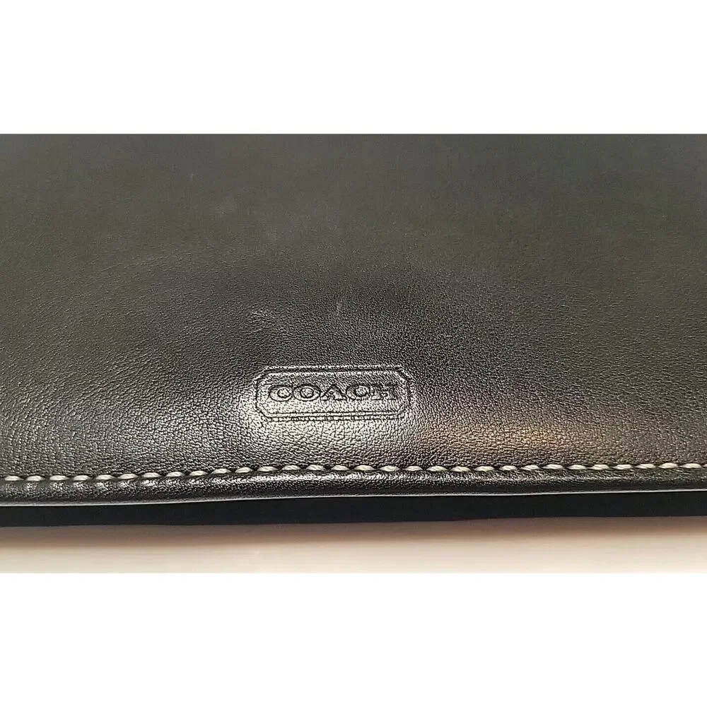 COACH Black Leather Checkbook Holder Wallet Card Case Long Bifold Set